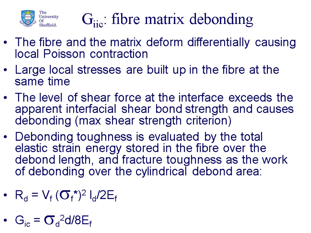 30 Giic: fibre matrix debonding The fibre and the matrix deform differentially causing local